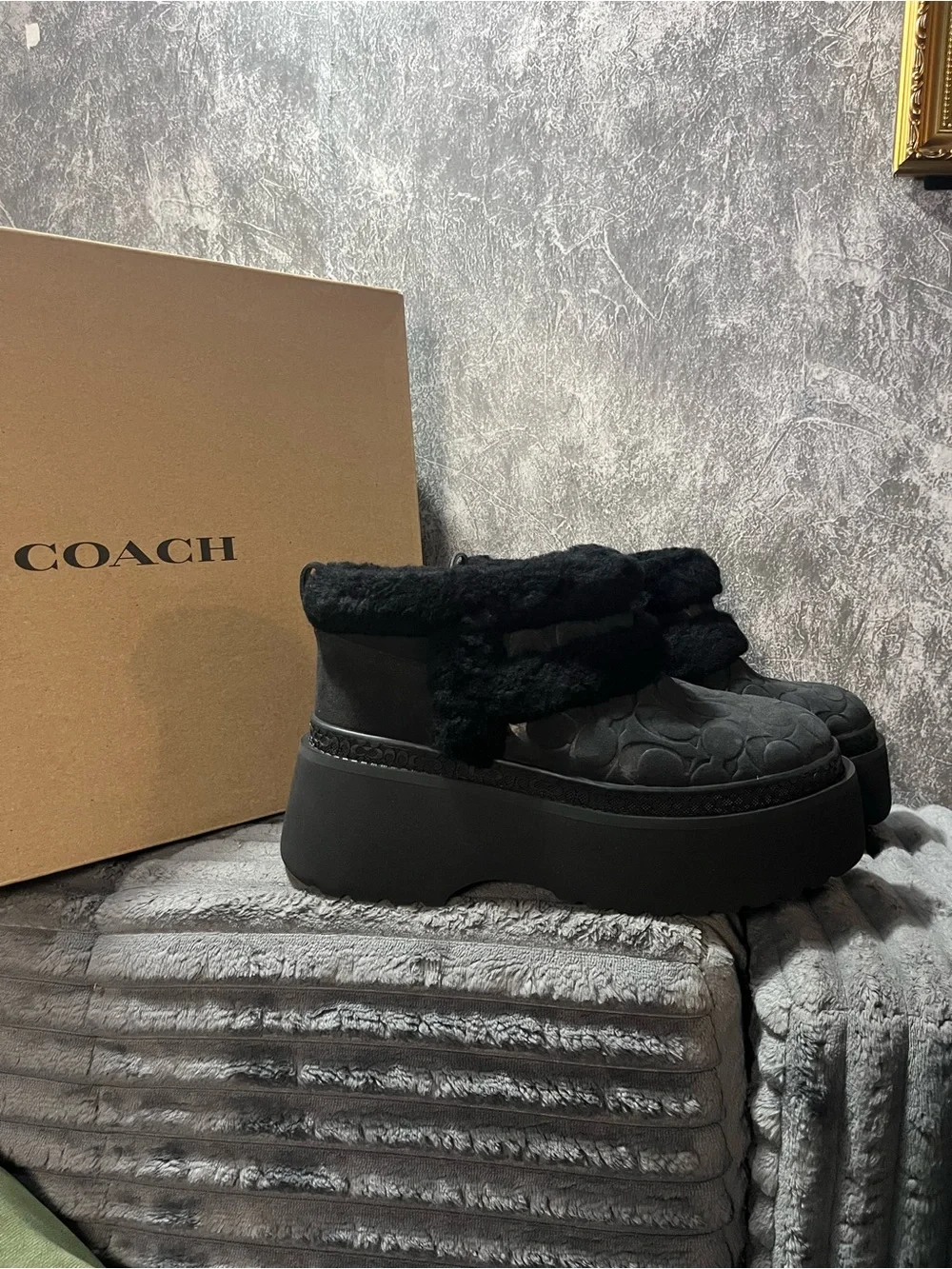 Coach Black Quilted Platform Ankle Boots with Shearling Trim NEW 7